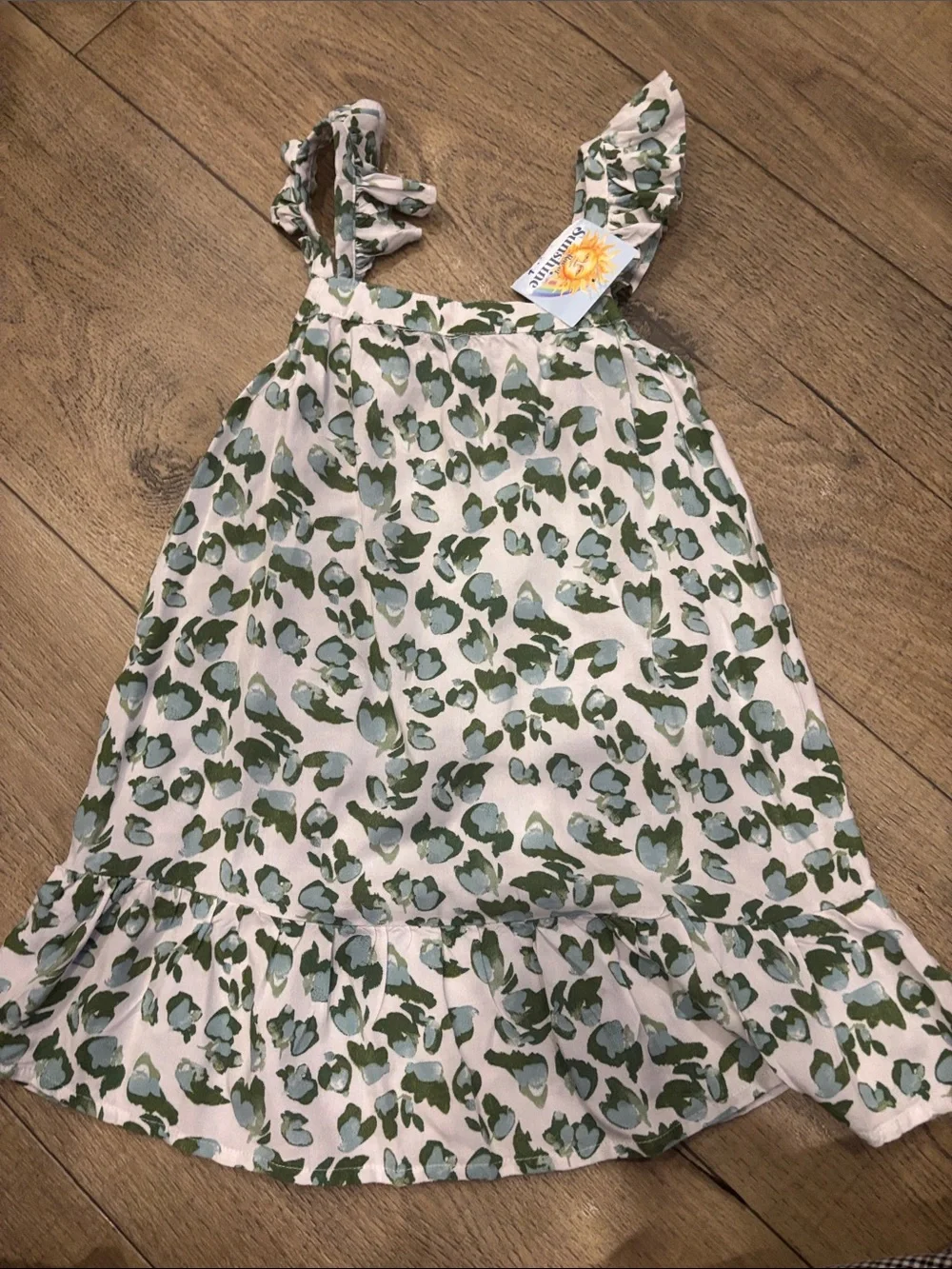 Girls Green Floral Print Ruffle Strap Dress
